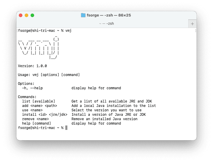 Terminal screenshot showing off vmj
